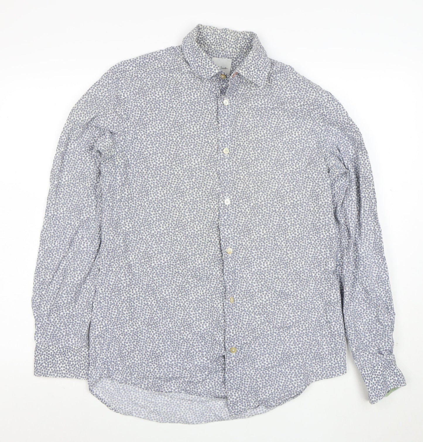 Paul Smith Men Blue Floral Cotton Button-Up Long Sleeve Shirt 15.5 Collar