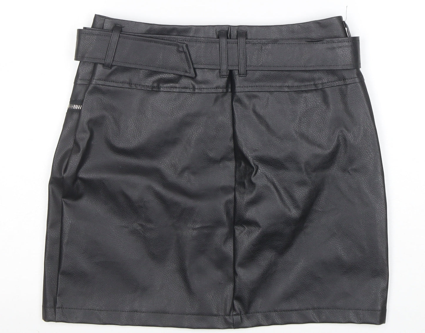 Missguided Womens Black Faux Leather Mini Skirt Size 8 High Waist Zip Belted