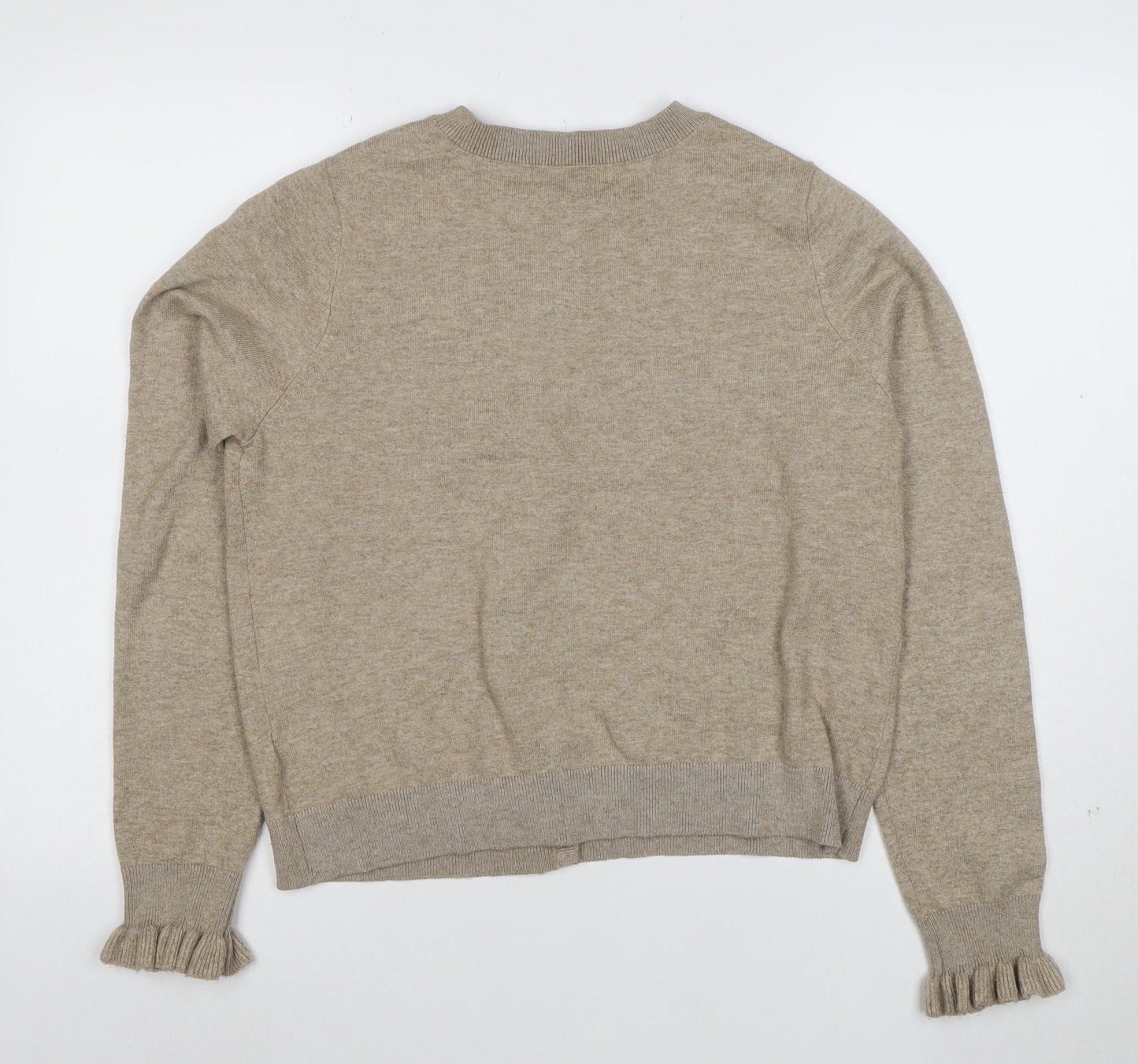 Marks and Spencer Womens Beige Cardigan M Knit Crew Neck Button Ruffle Detail