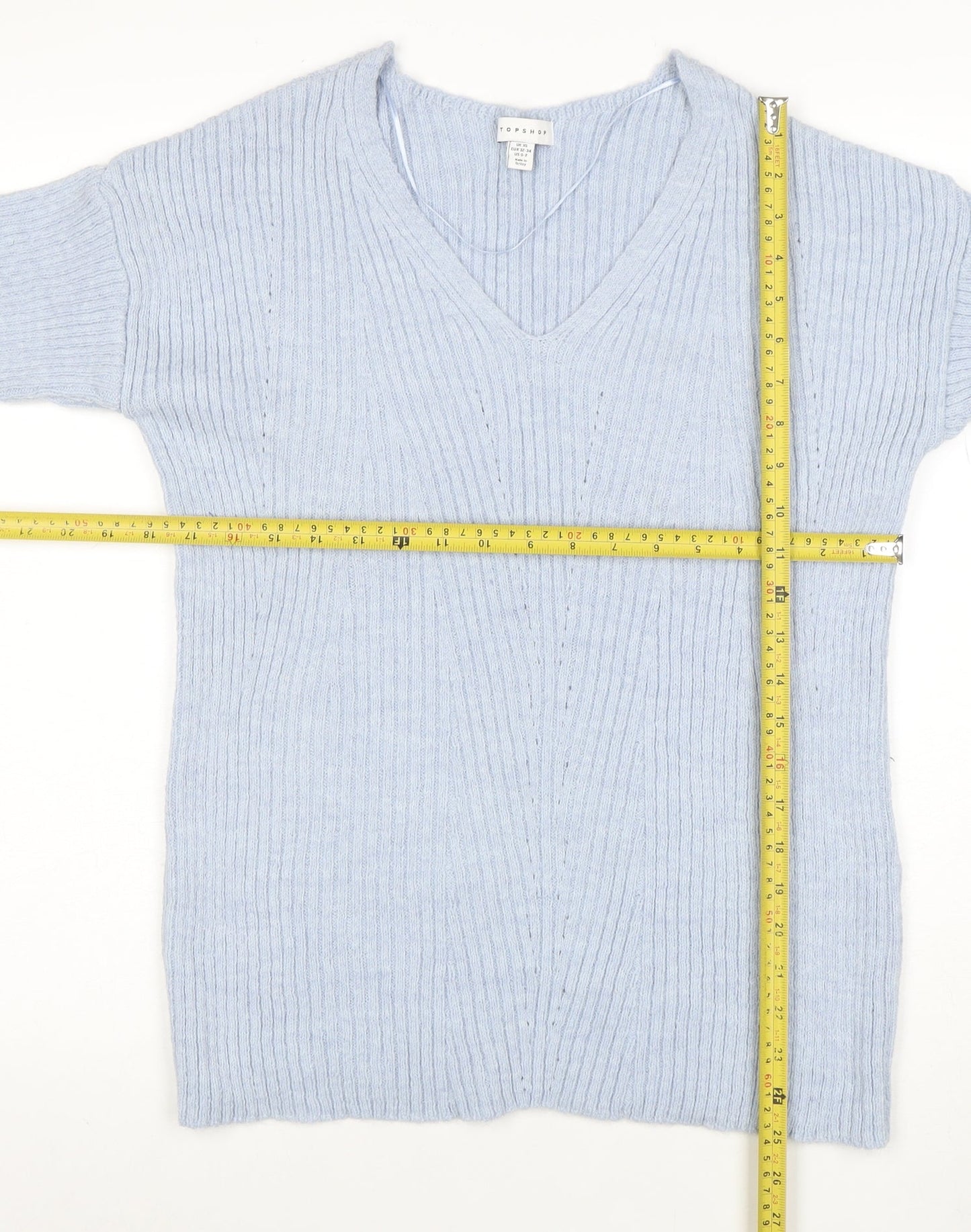 Topshop Women’s Light Blue V-Neck Ribbed Knit Jumper XS