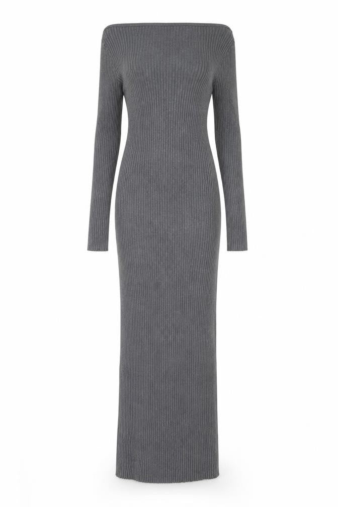 H&M Women Grey Long Sleeve Ribbed Knit Bodycon Midi Dress M