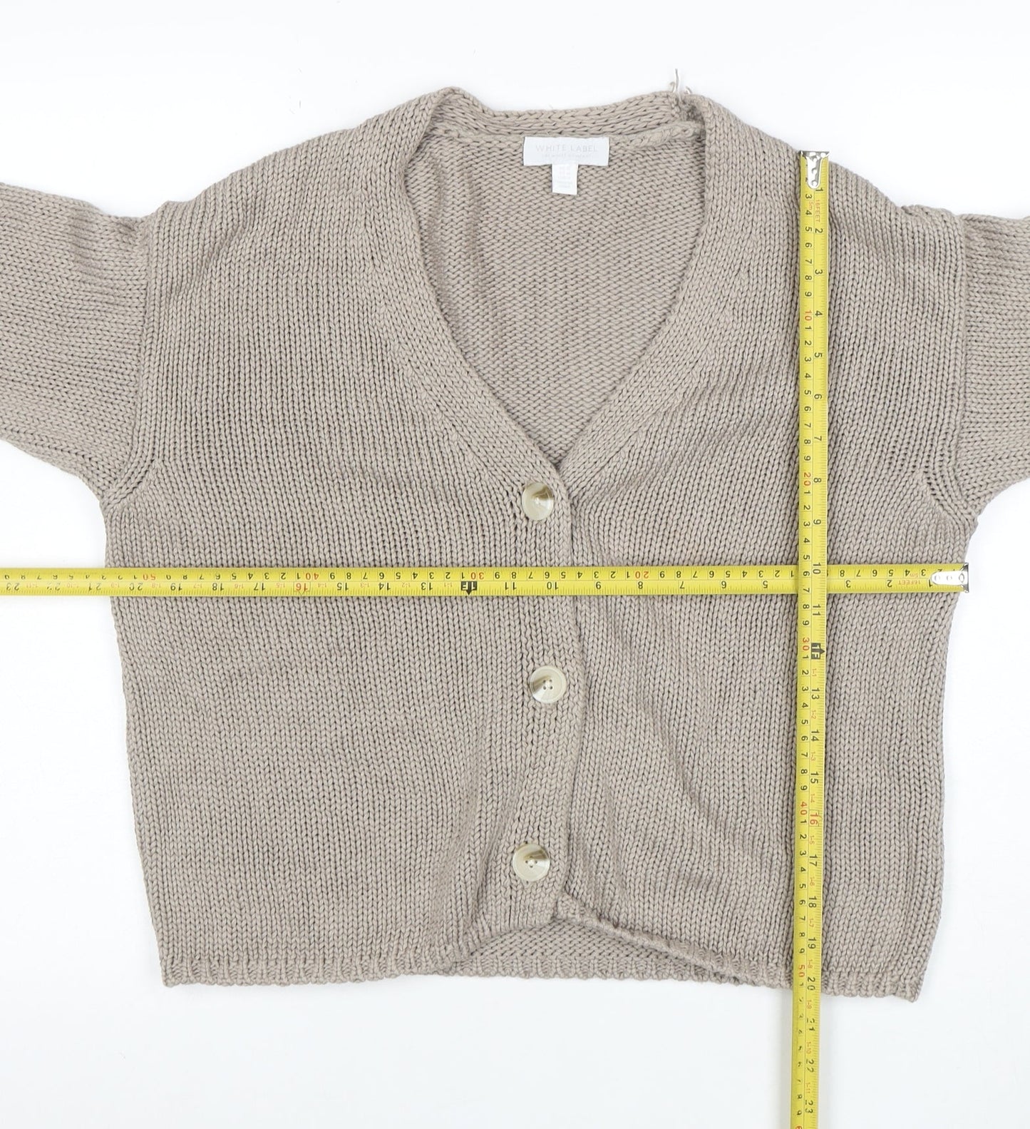 White Label Women Beige Cotton Knit V-Neck Cardigan Medium