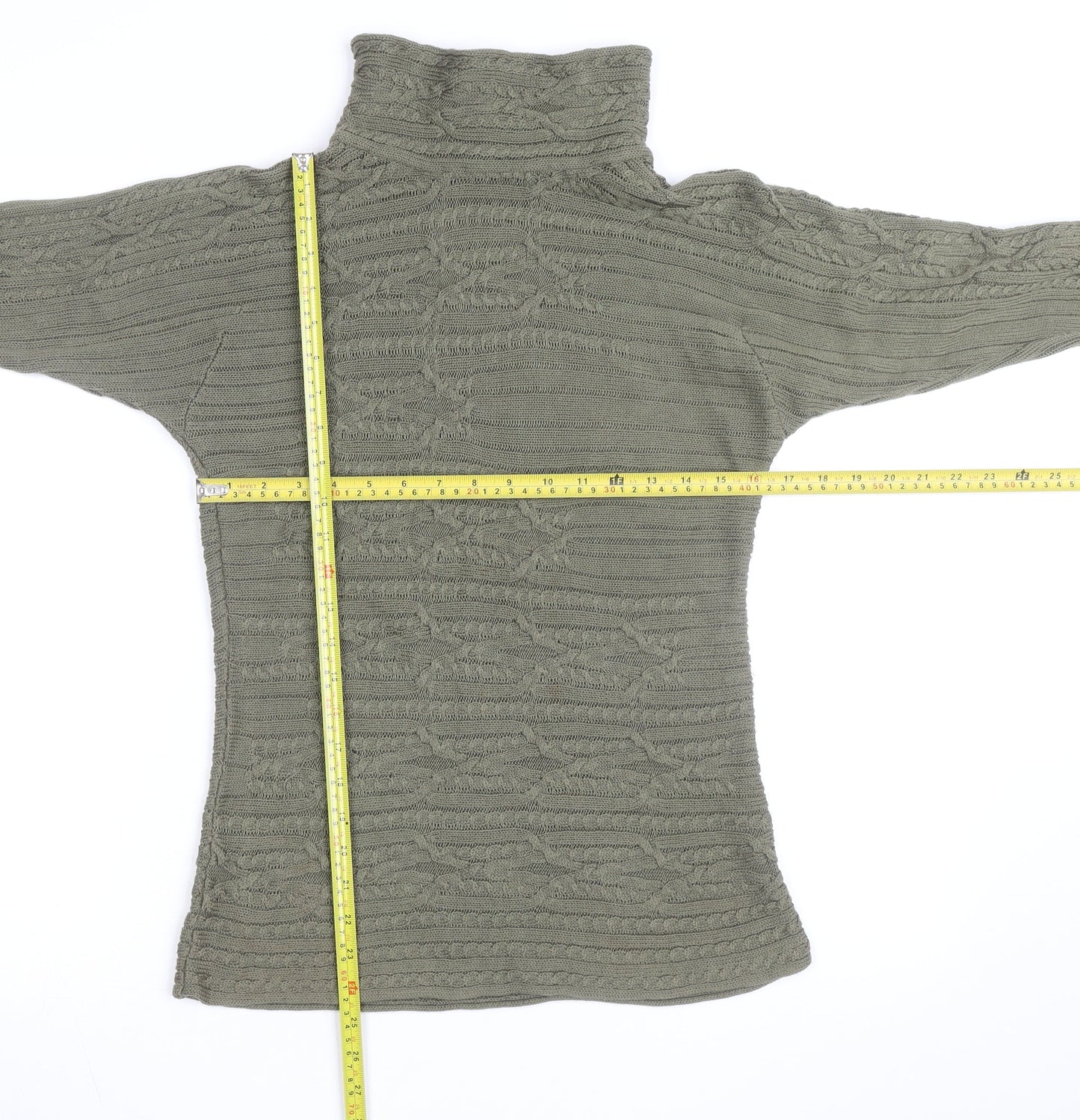 Peruvian Connection Women's Green Roll Neck Cable-Knit Cotton Jumper Size S