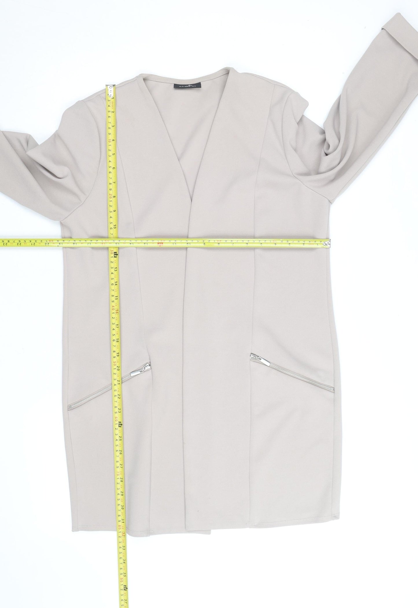 Wallis Women’s Beige Long Coatigan Size 14 Regular Open Zip Pockets