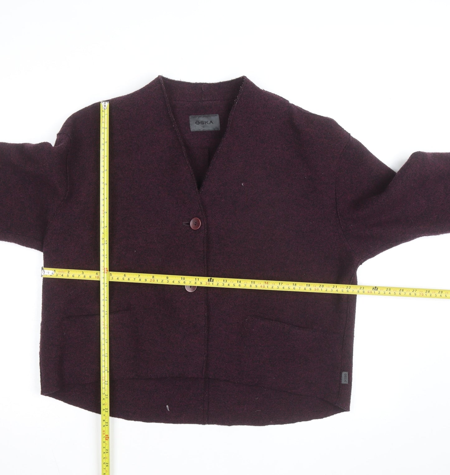 OSKA Women's Purple Wool V-Neck Button Cardigan L