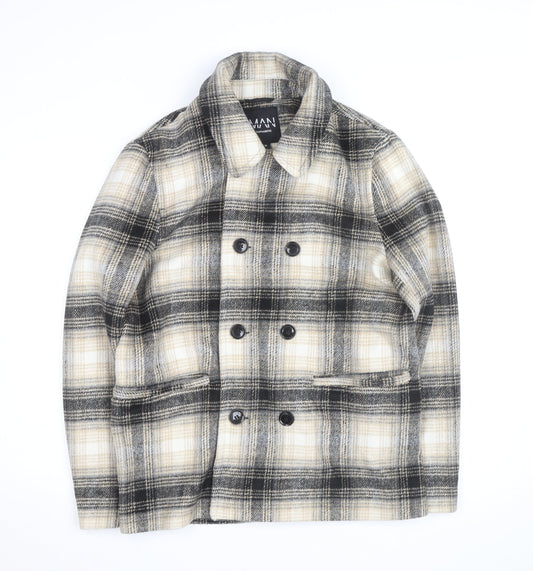 boohooMAN Men’s Beige Check Pea Coat Size S Classic Wool Look