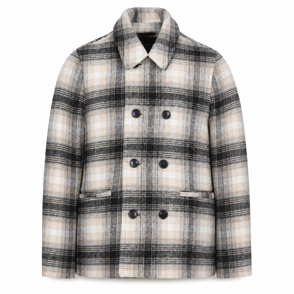 boohooMAN Men’s Beige Check Pea Coat Size S Classic Wool Look