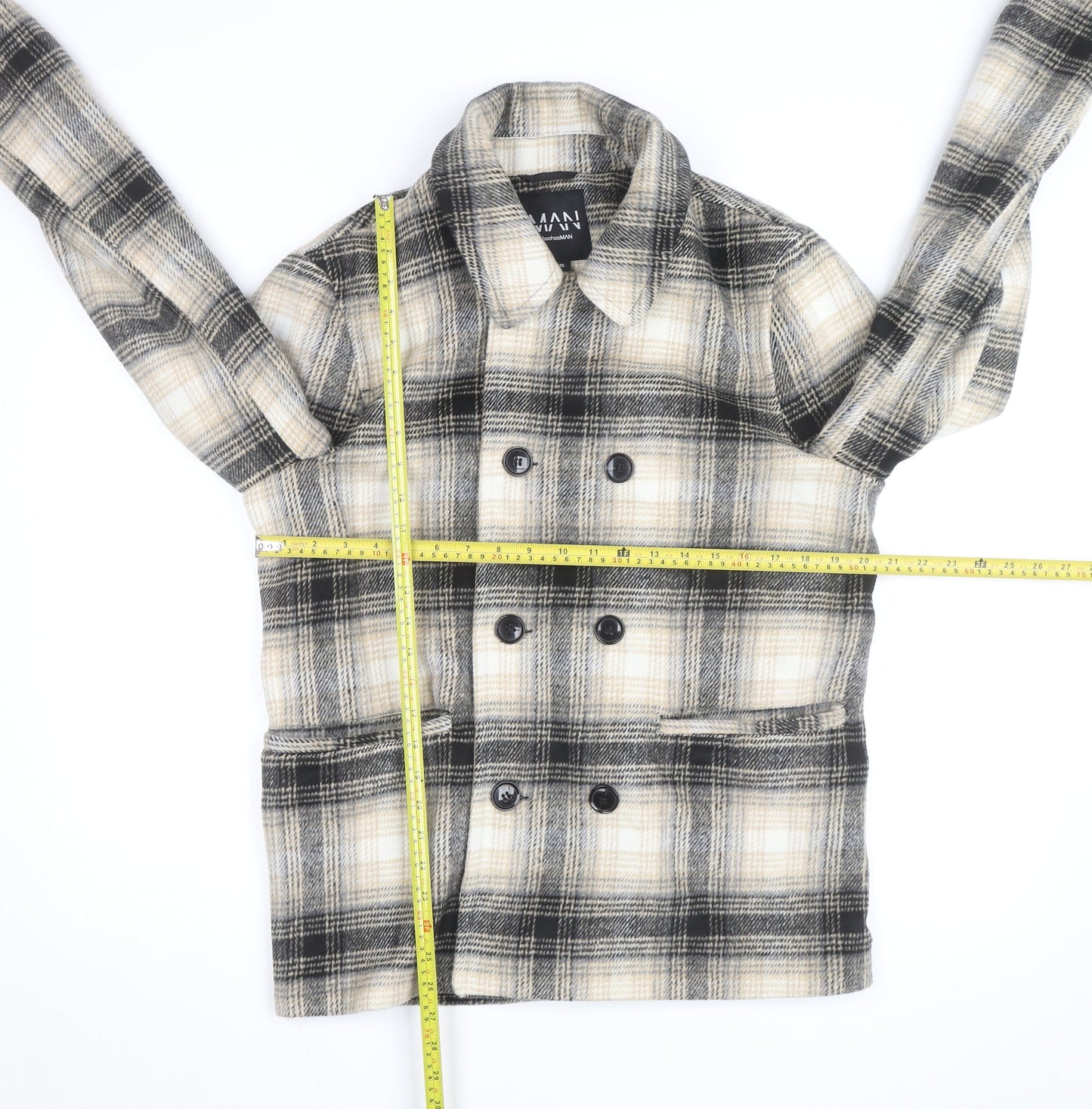 boohooMAN Men’s Beige Check Pea Coat Size S Classic Wool Look