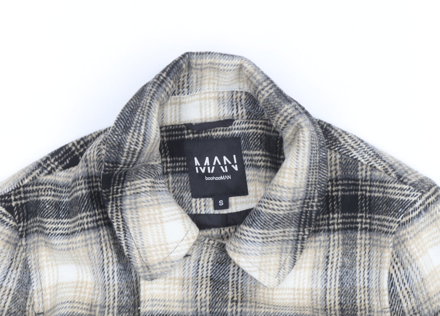 boohooMAN Men’s Beige Check Pea Coat Size S Classic Wool Look
