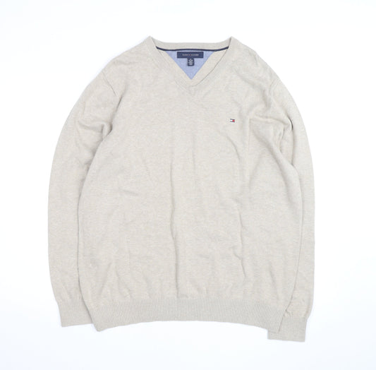Tommy Hilfiger Men Beige XL V-Neck Cotton Silk Cashmere Jumper