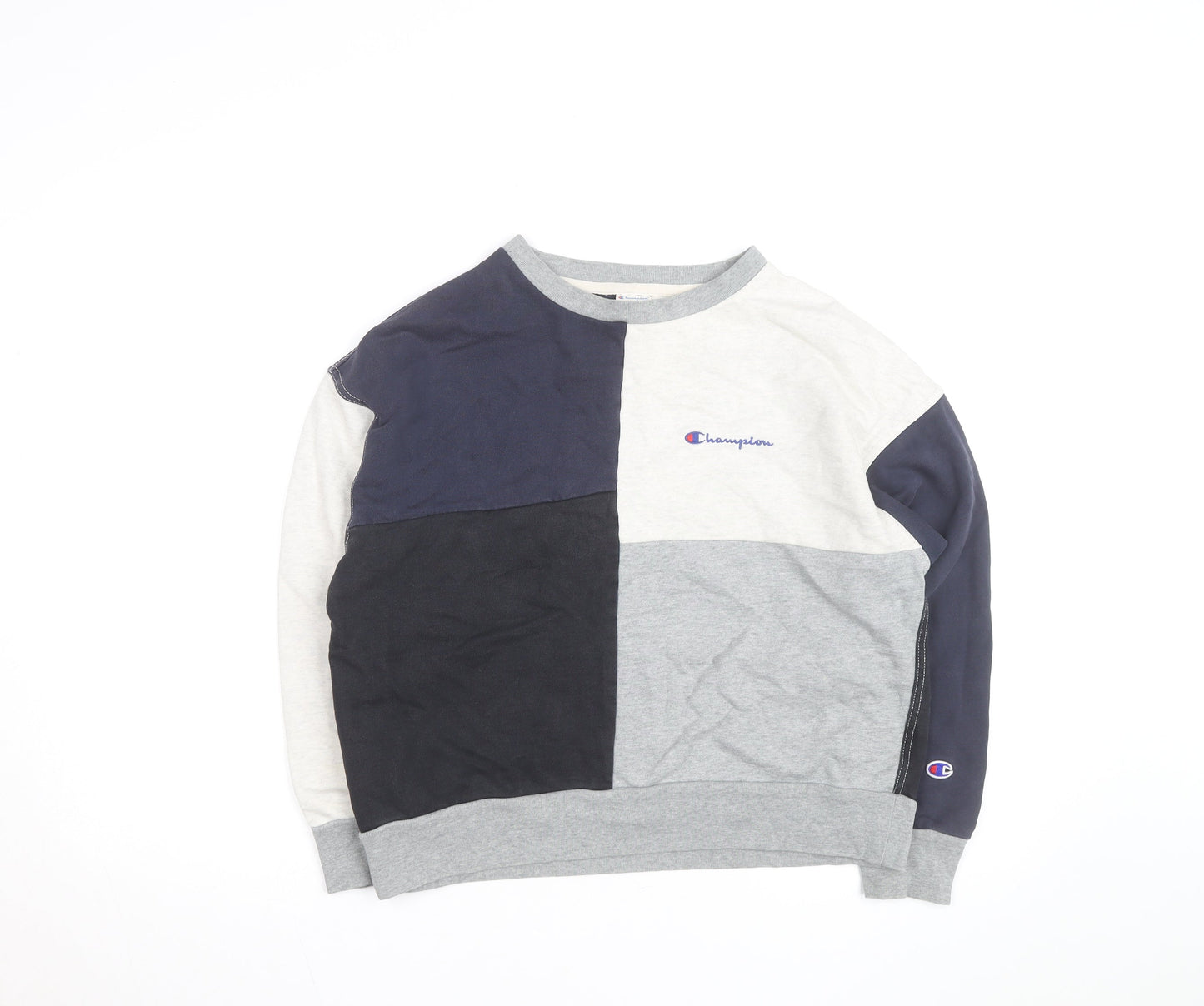 Champion Women's Grey Navy Colourblock Crew Neck Sweatshirt L