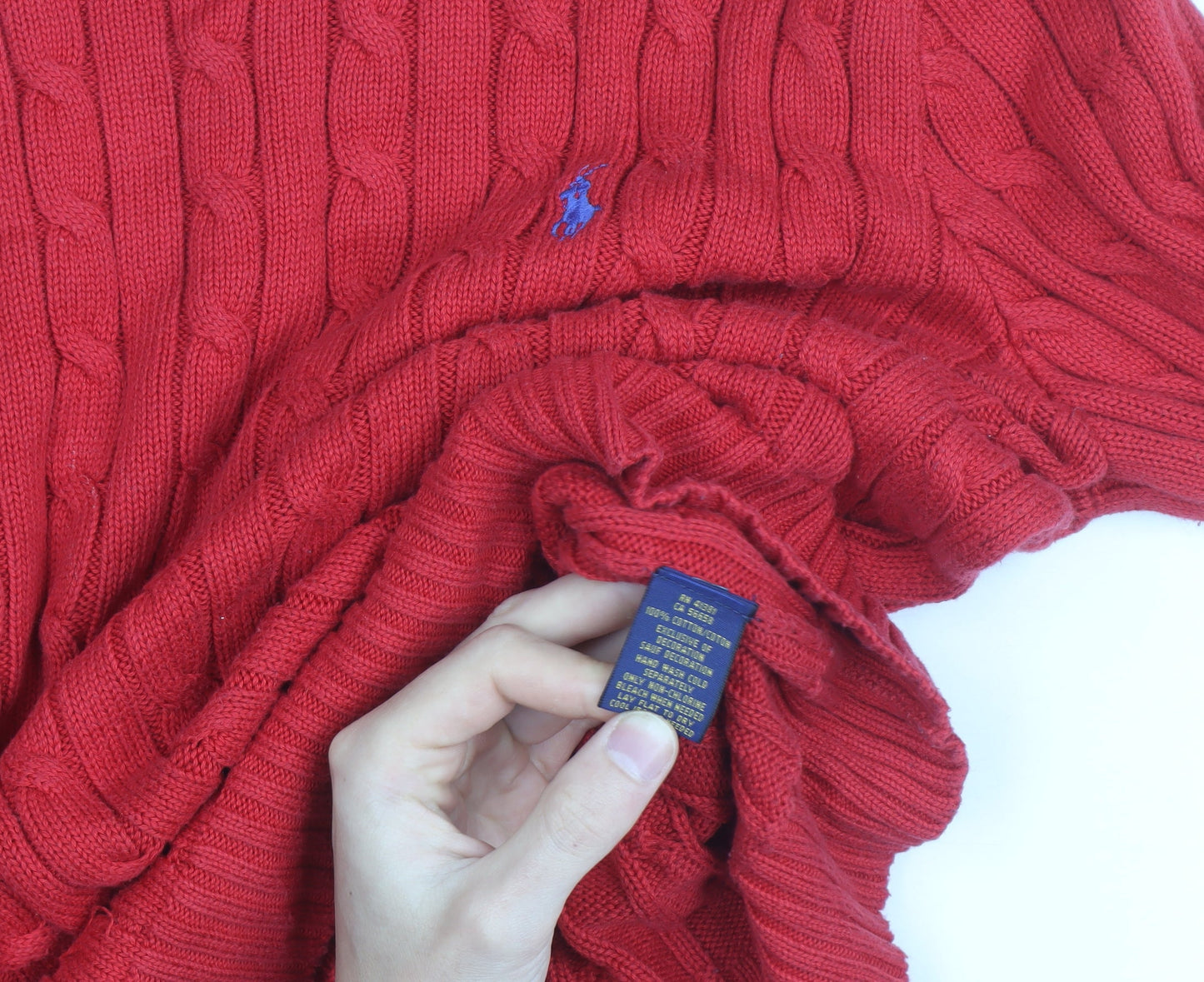 Polo Ralph Lauren Women's Red Cable-Knit Cotton Jumper XL