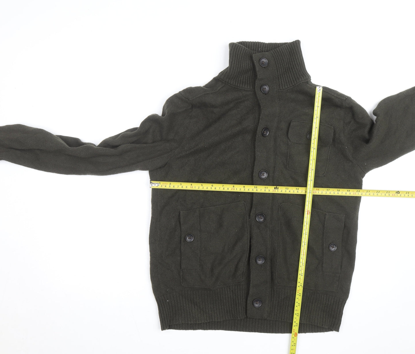 Banana Republic Mens Green Wool Button Cardigan M High Neck Jumper