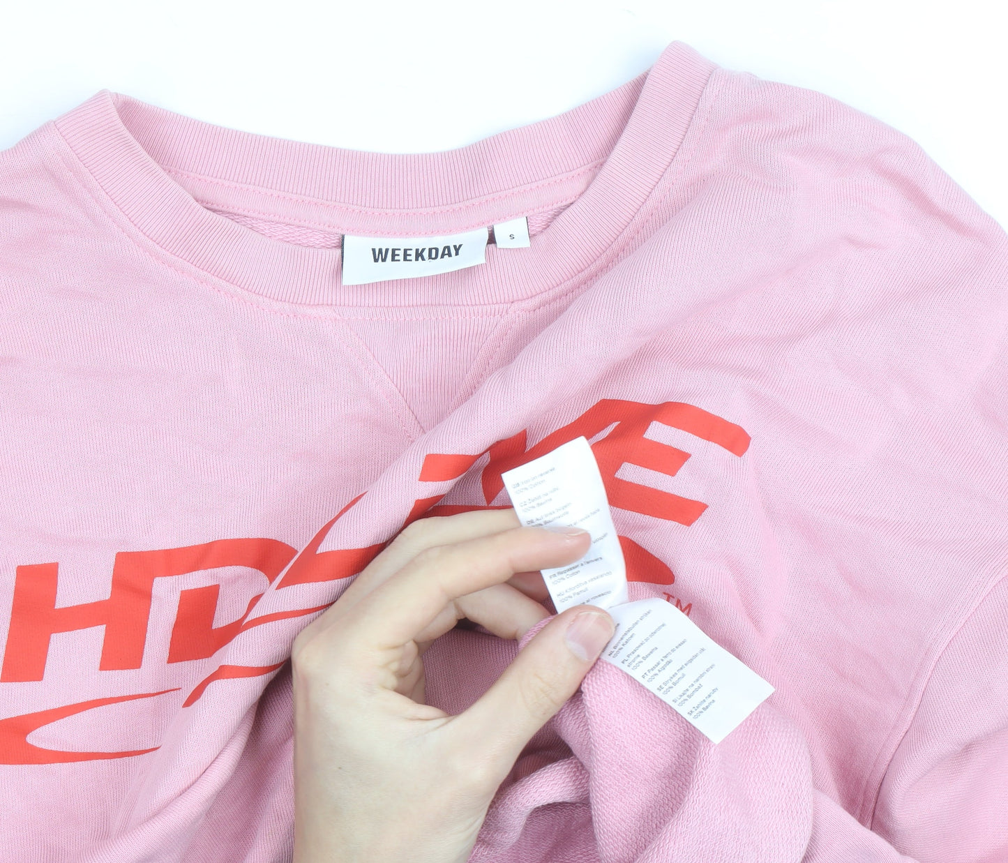 Weekday Women Pink Cotton Pullover Sweatshirt S HD Love Graphic