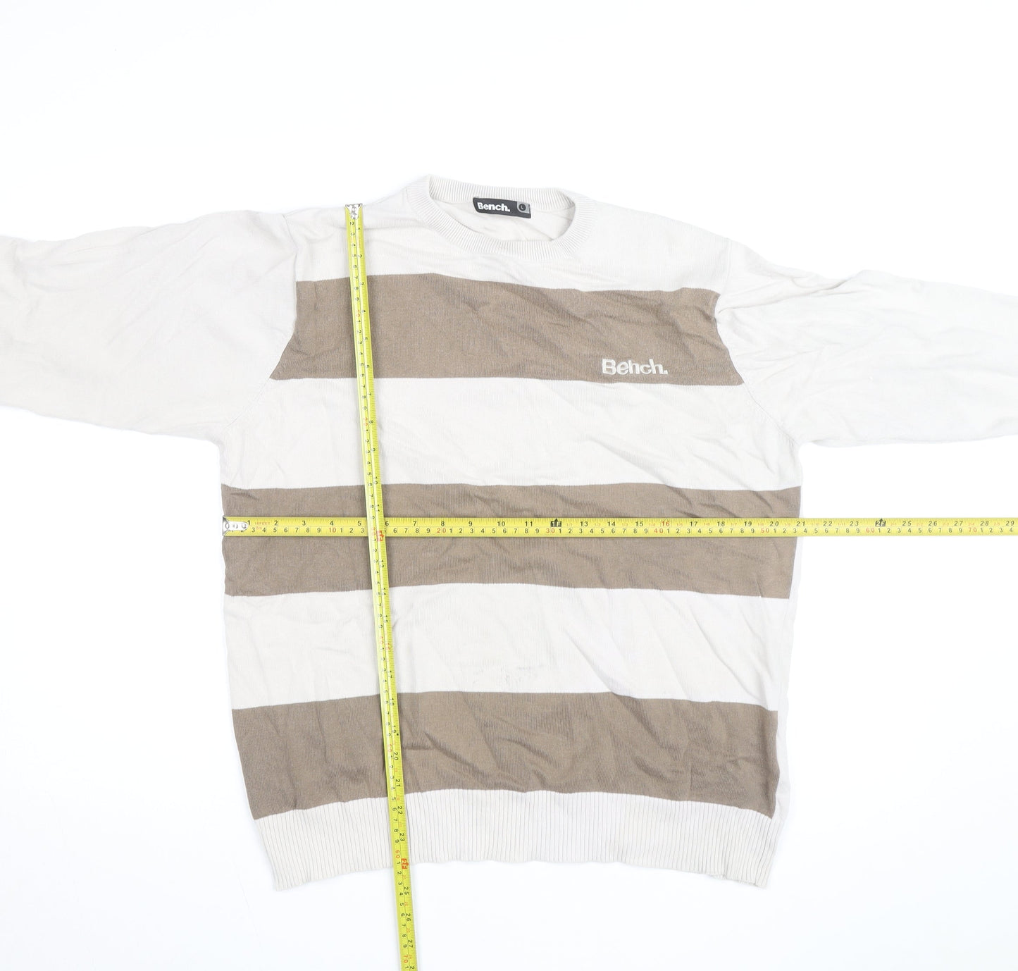 Bench Mens Beige Striped Lightweight Cotton Crew Neck Jumper Size L