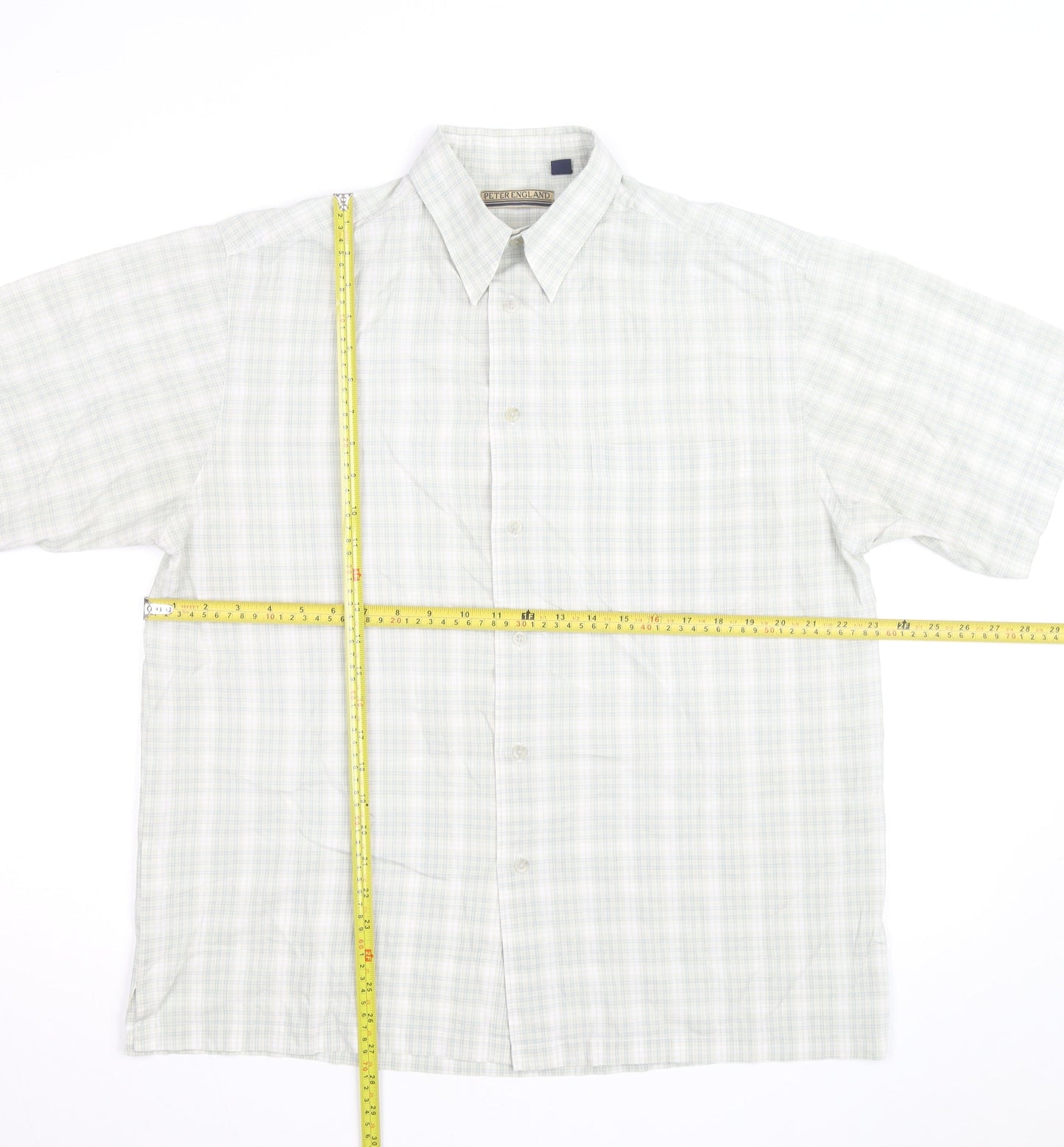 Peter England Men's Beige Check Short Sleeve Button-Up Shirt M