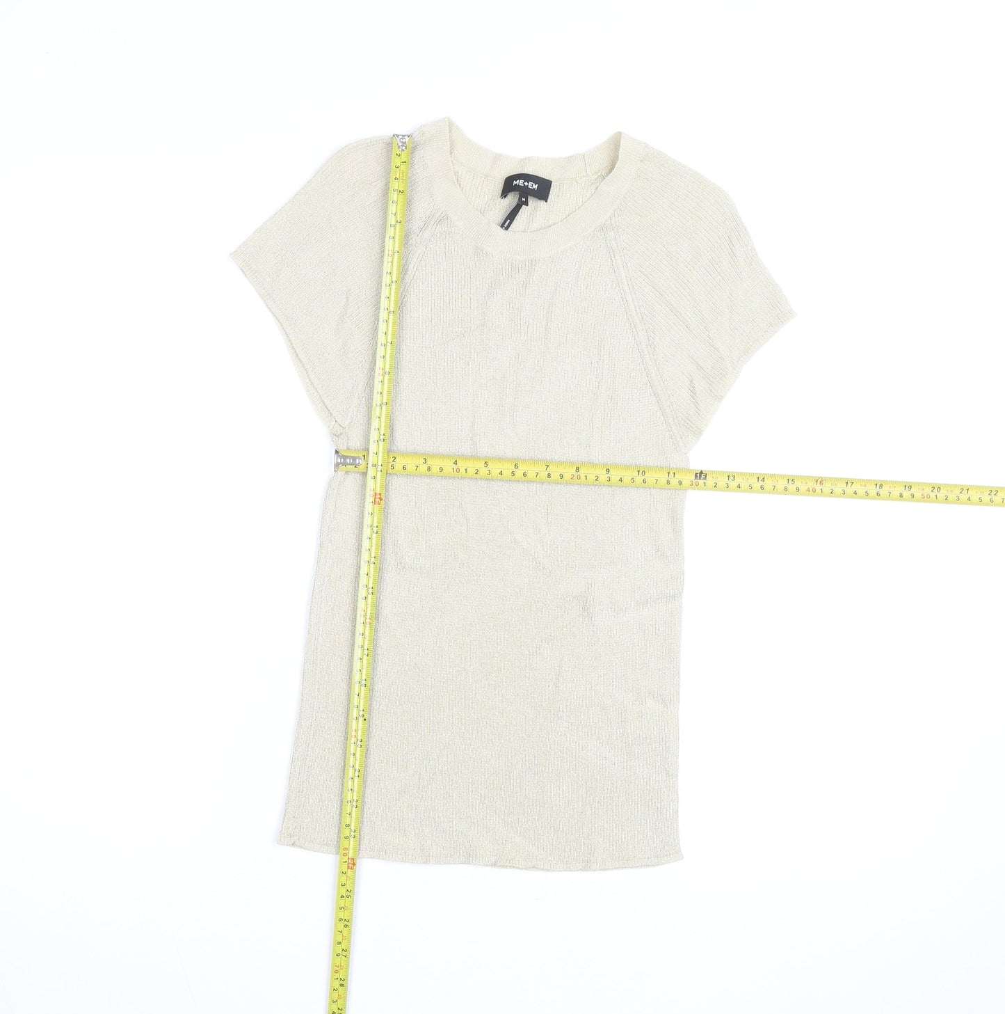 ME+EM Women Beige Knit Short Sleeve Crew Neck Top M