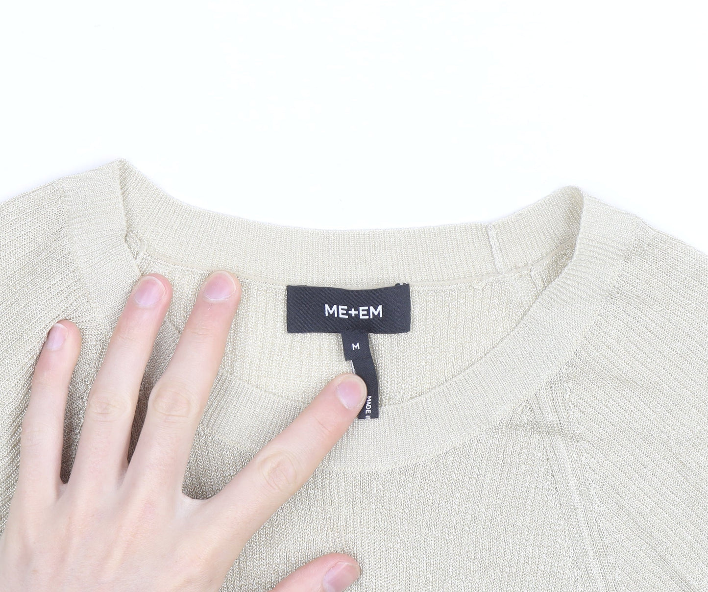 ME+EM Women Beige Knit Short Sleeve Crew Neck Top M