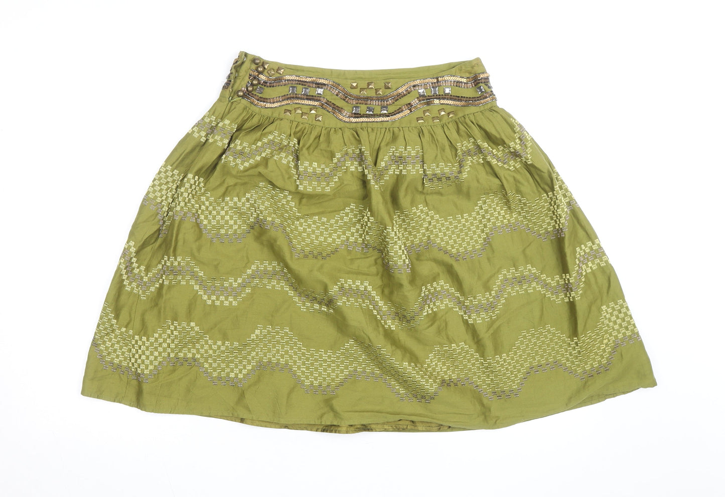 Monsoon Petite Green Beaded A-Line Cotton Skirt Size 10
