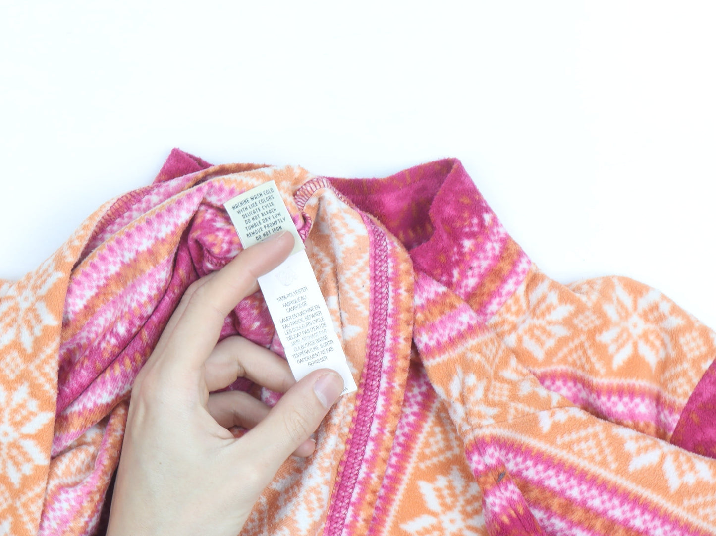 L.L. Bean Women's Pink Orange Fair Isle Fleece Pullover L 1/4 Zip