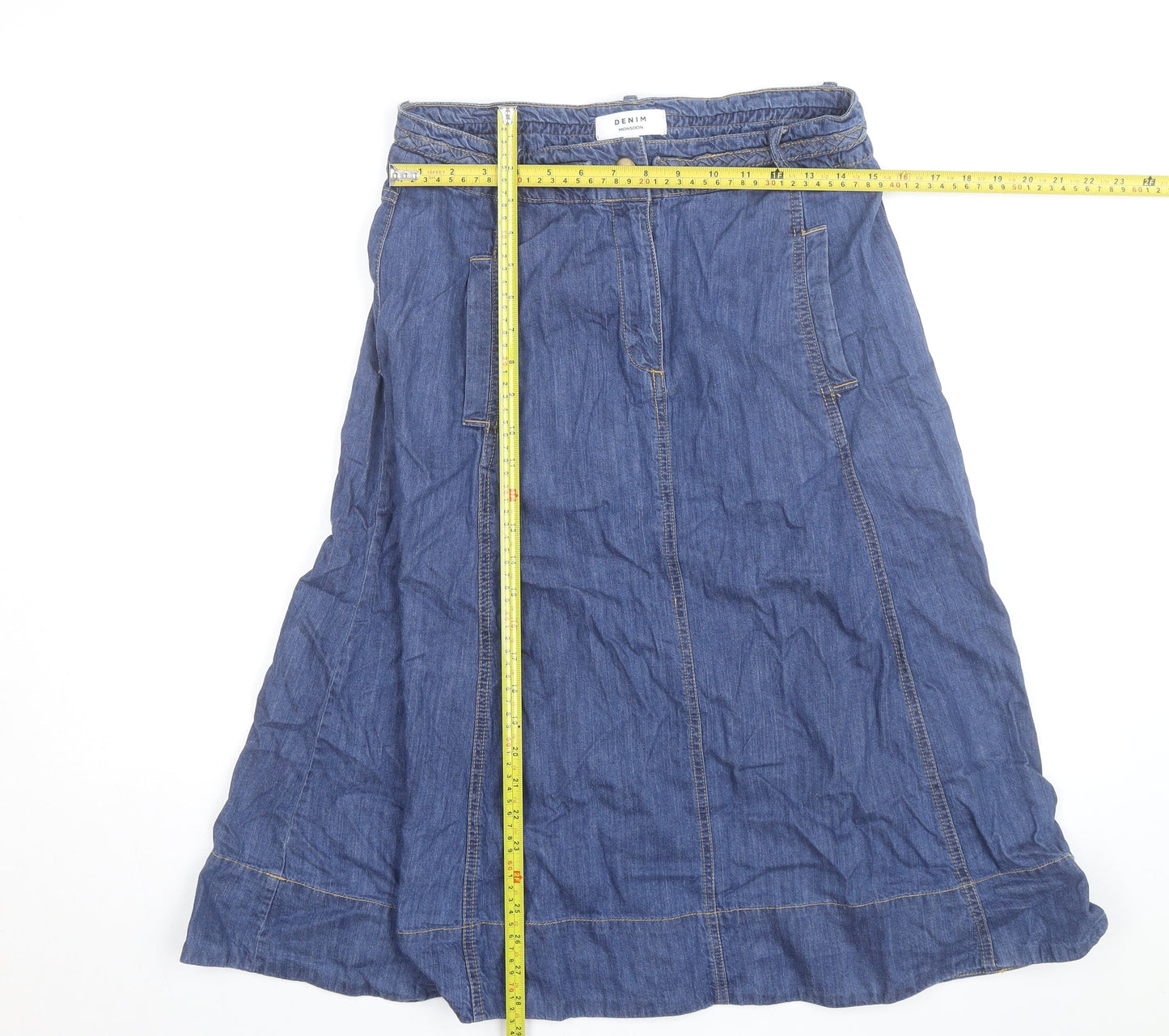 Monsoon Women Blue Denim A-Line Midi Skirt Size 12 Cotton