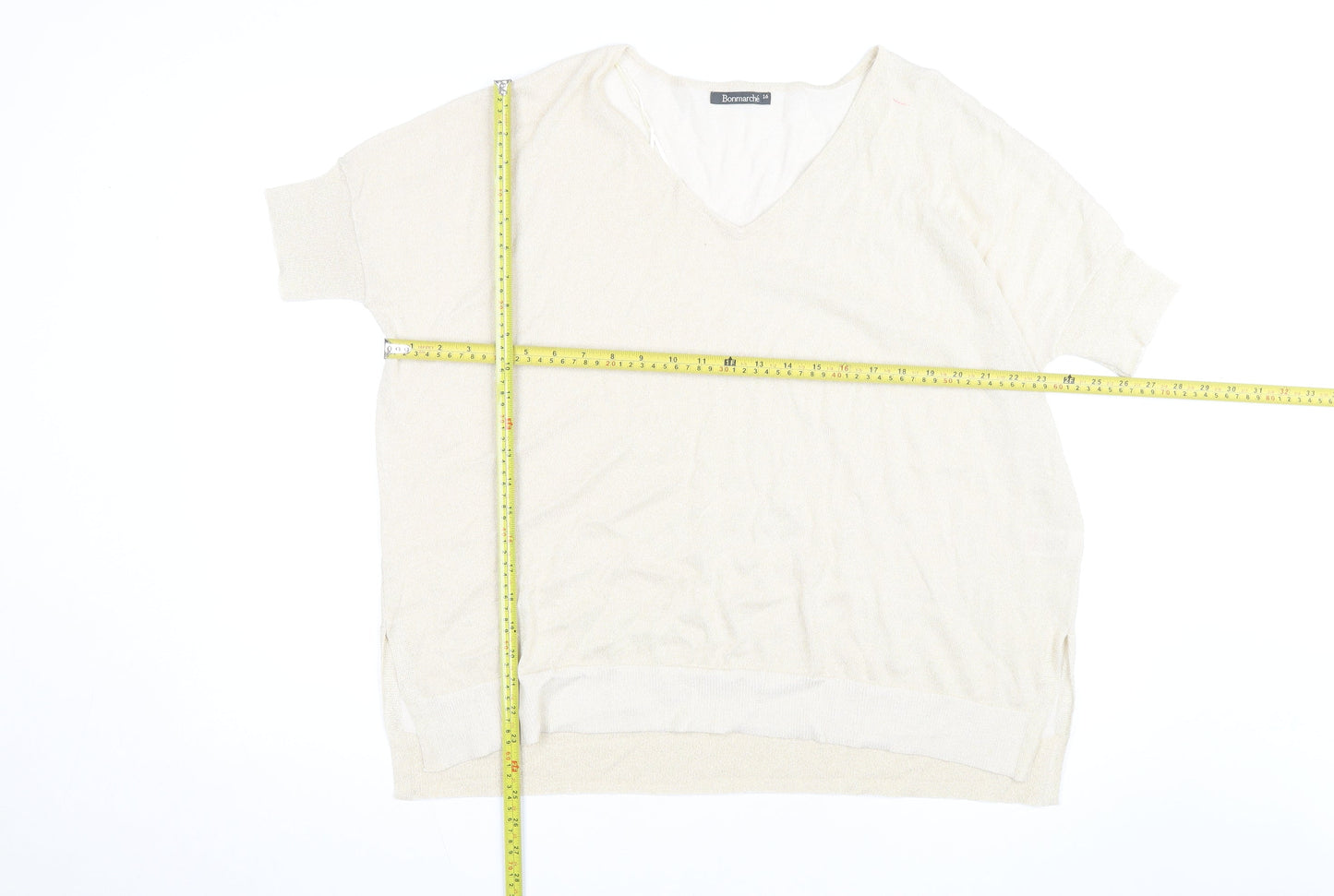 Bonmarché Women’s Beige V-Neck Short Sleeve Lightweight Knit Jumper Size 16