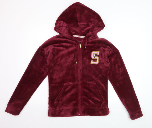Peanuts Women Burgundy Full Zip Hoodie Small Plush Snoopy S Logo