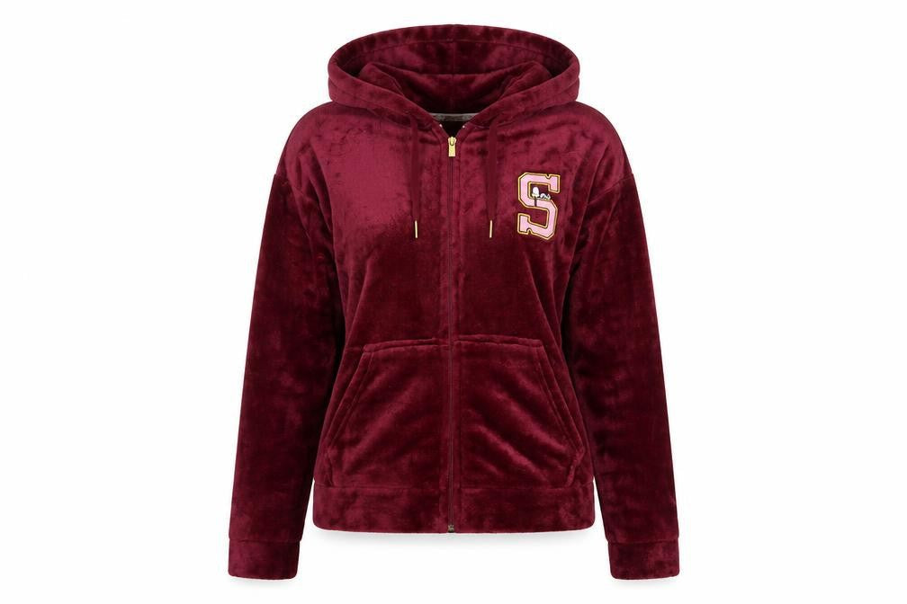 Peanuts Women Burgundy Full Zip Hoodie Small Plush Snoopy S Logo
