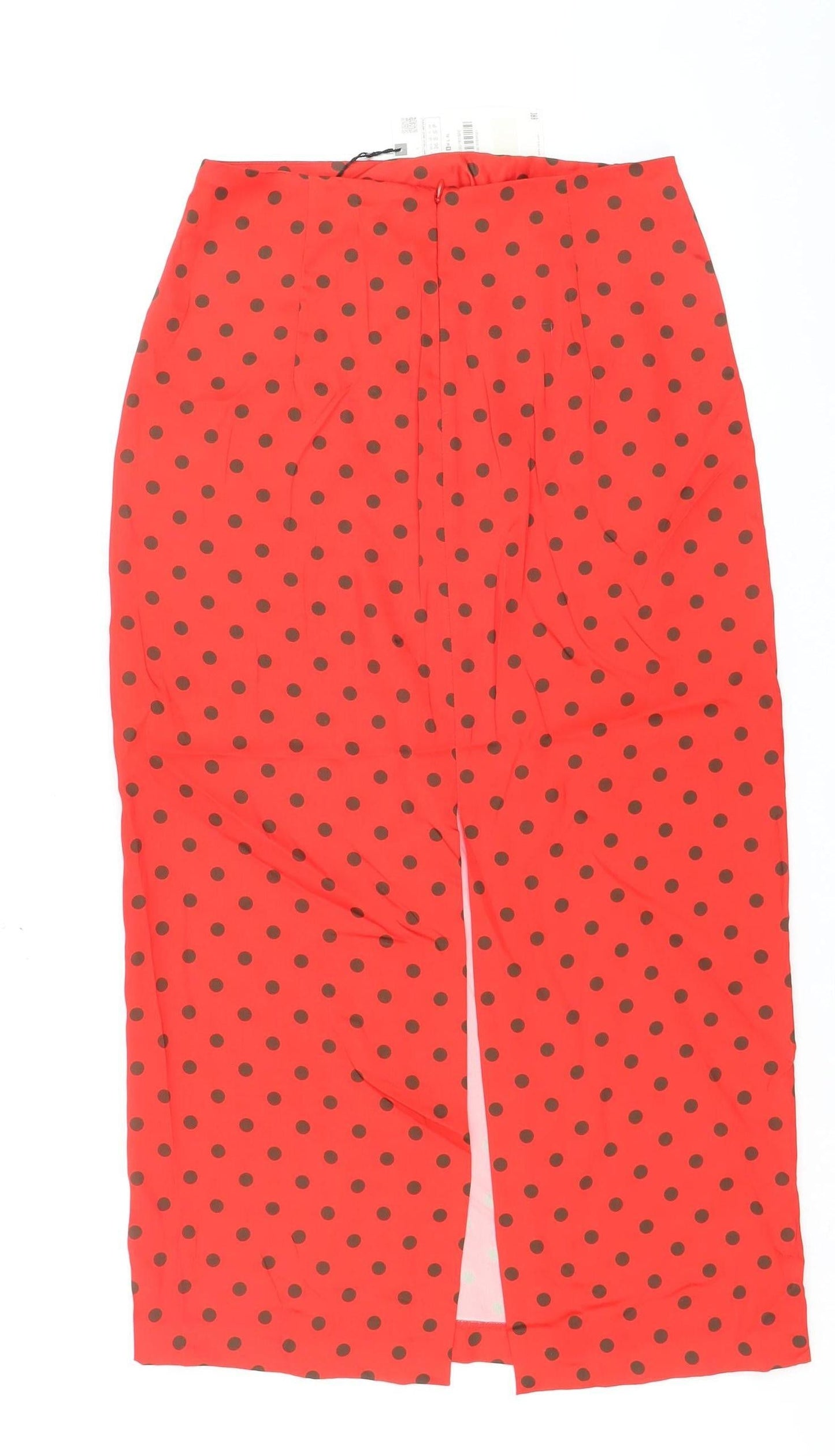 Zara Women Red Polka Dot Midi Pencil Skirt Size S High Waist