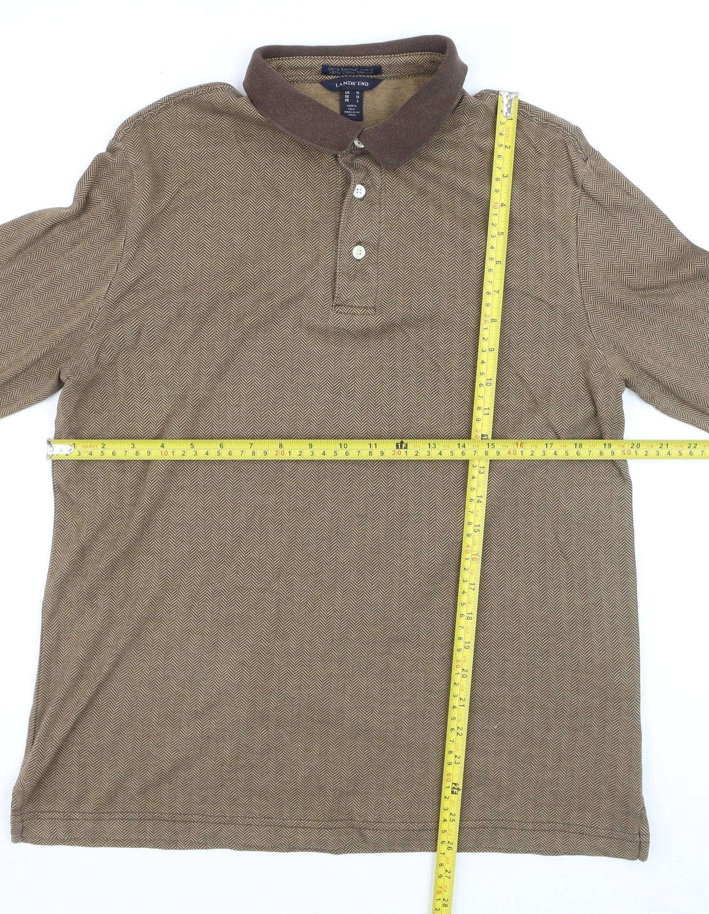 Lands' End Men's Brown Long Sleeve Herringbone Cotton Polo Shirt M