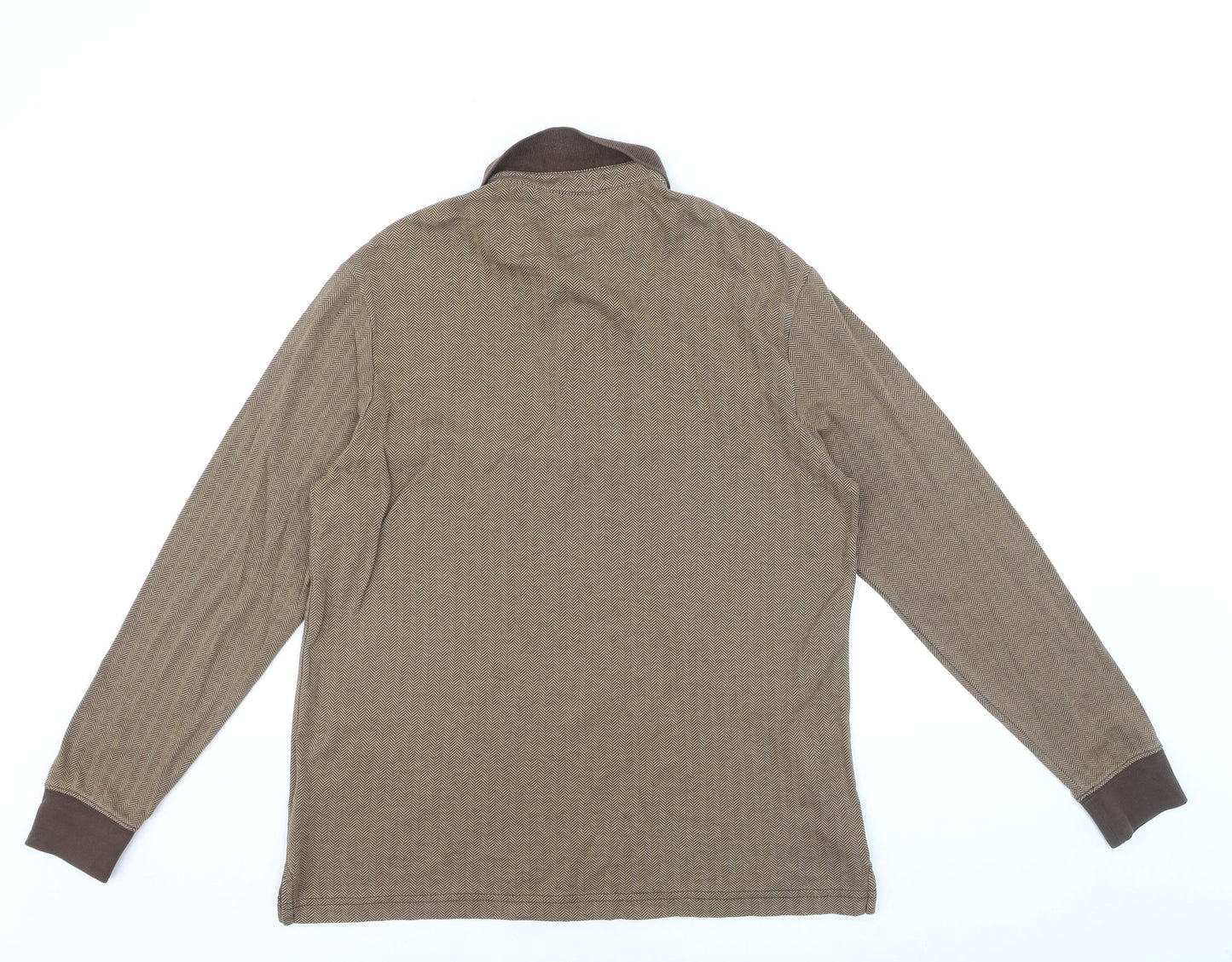 Lands' End Men's Brown Long Sleeve Herringbone Cotton Polo Shirt M