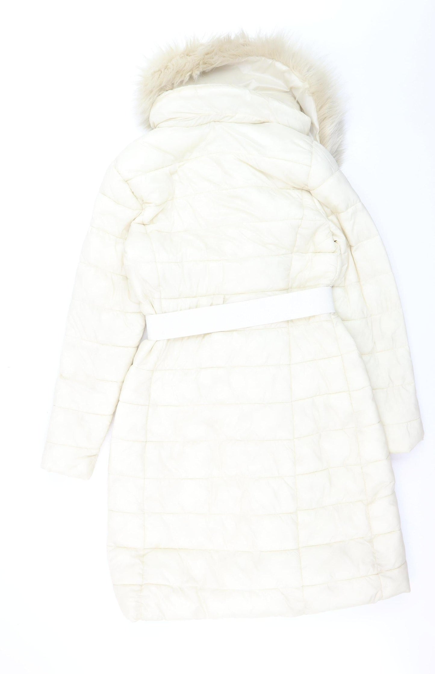 Roman Women Ivory Long Puffer Coat Size 10 Belted Faux Fur Trim Winter