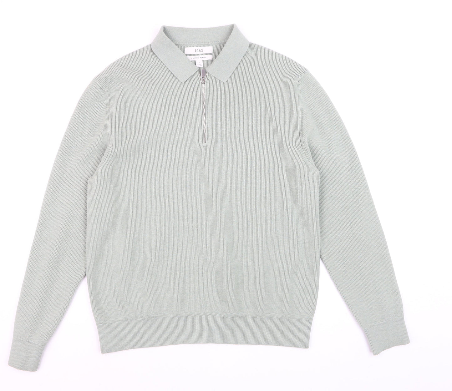 Marks and Spencer Men's Green Collared 1/2 Zip Cotton Blend Jumper M