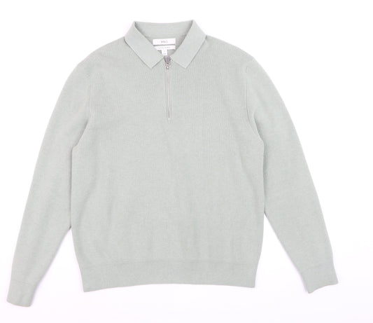 Marks and Spencer Men's Green Collared 1/2 Zip Cotton Blend Jumper M