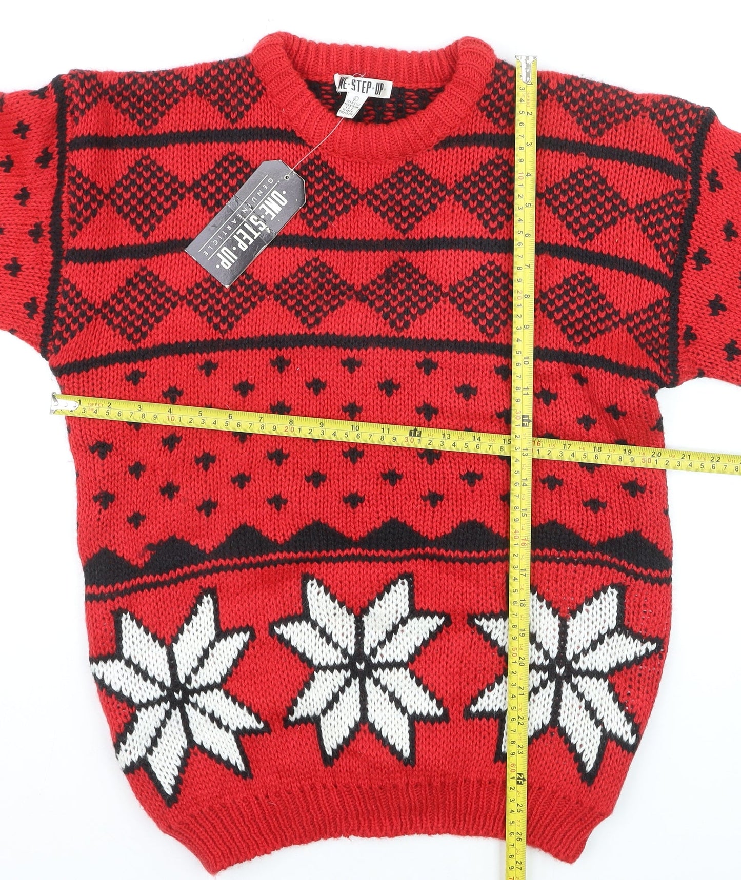 One Step Up Men's Red Chunky Knit Fair Isle Christmas Jumper L