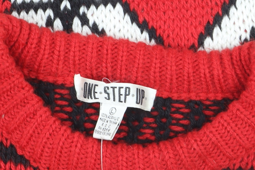 One Step Up Men's Red Chunky Knit Fair Isle Christmas Jumper L