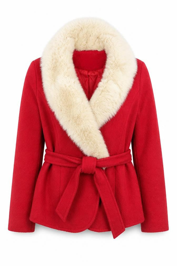 Rich L.A Womens Red Wool Blend Faux Fur Trim Belted Coat Size S