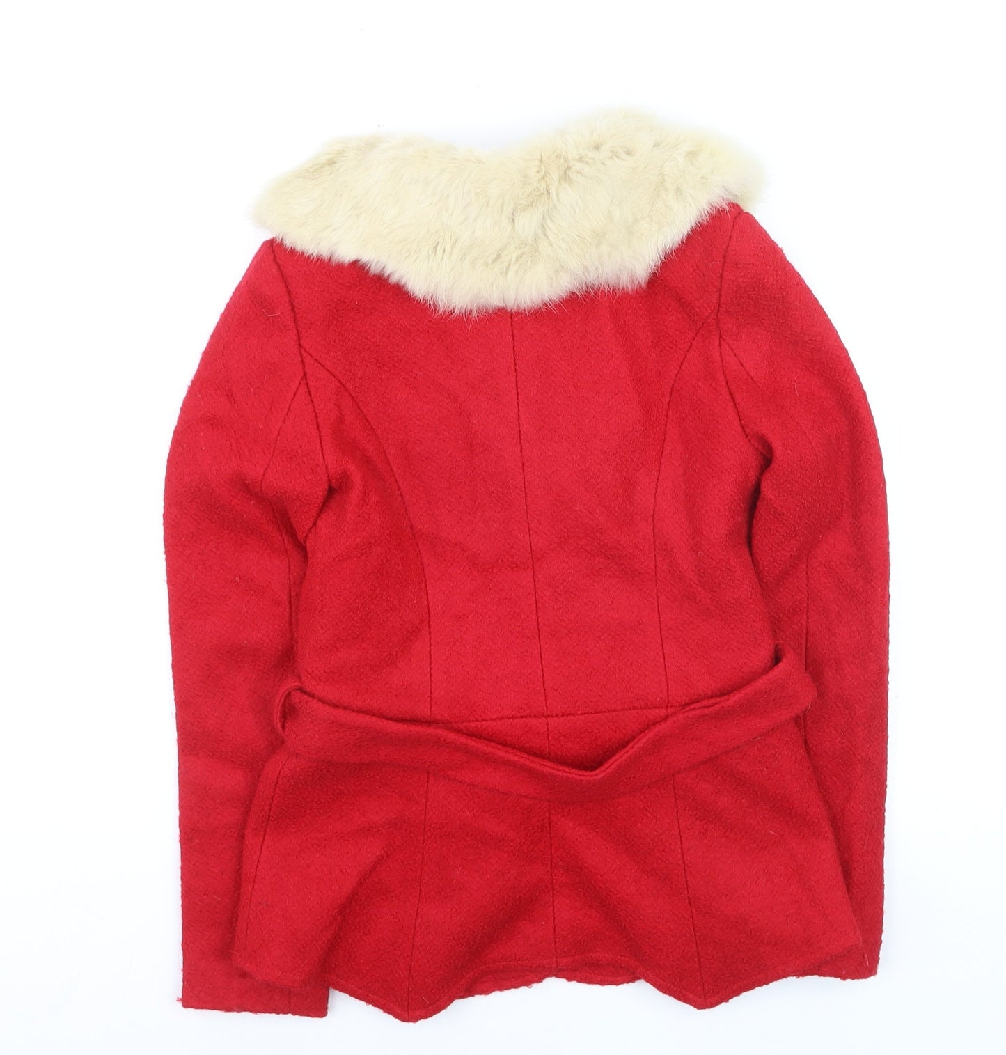 Rich L.A Womens Red Wool Blend Faux Fur Trim Belted Coat Size S