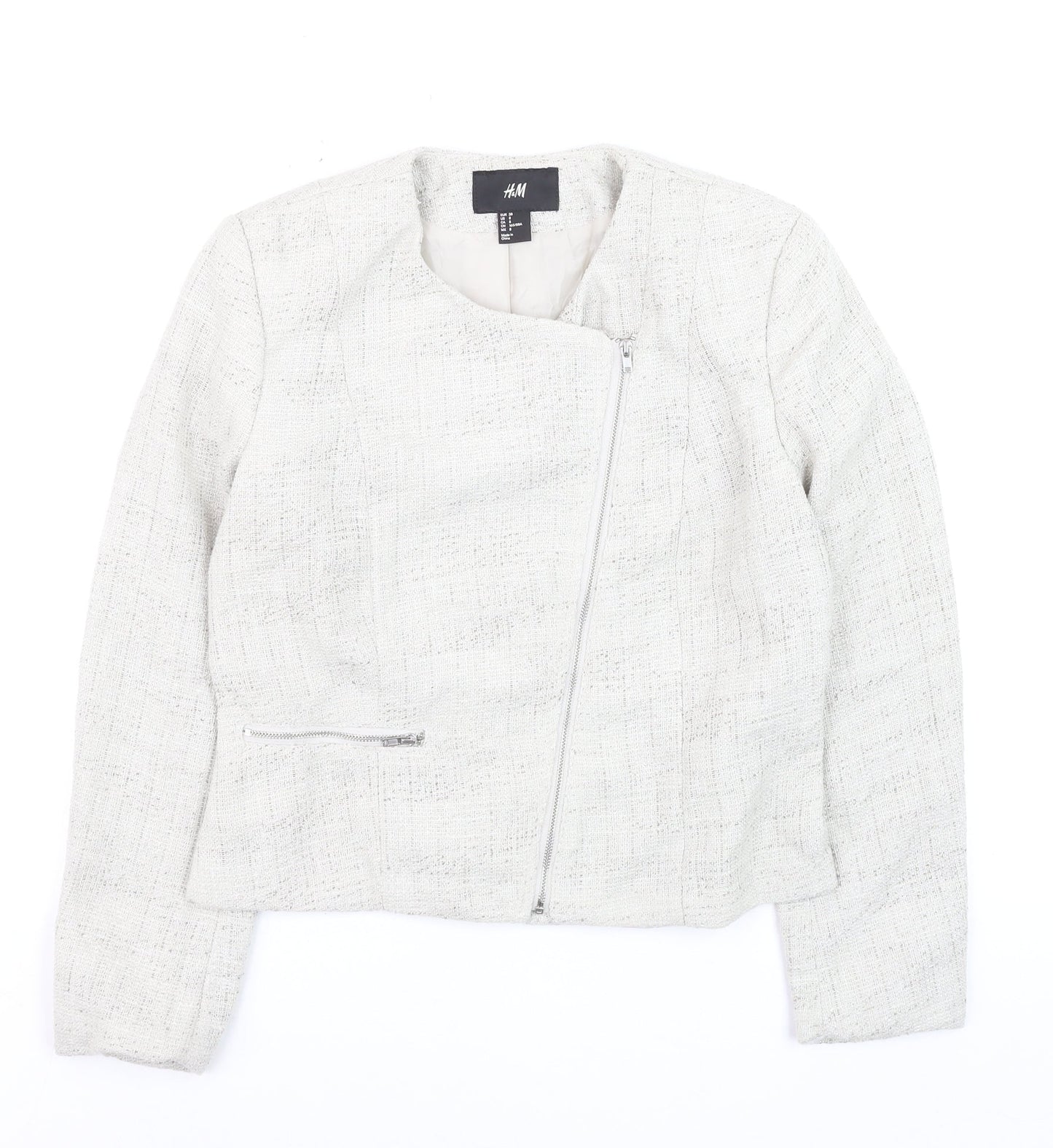 H&M Womens Ivory Bouclé Suit Jacket Size 10 Long Sleeve Asymmetric Zip