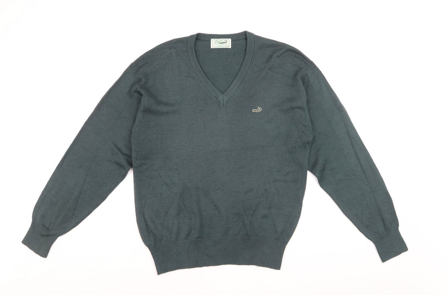 Crocodile Men Green Wool V-Neck Jumper M Tight-Knit Classic