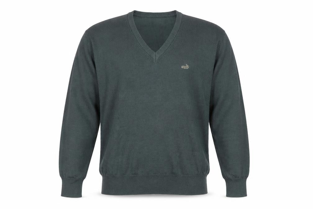Crocodile Men Green Wool V-Neck Jumper M Tight-Knit Classic