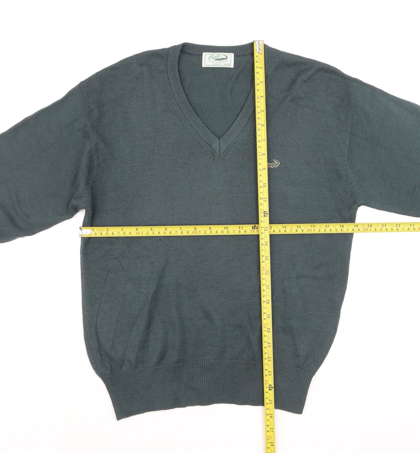 Crocodile Men Green Wool V-Neck Jumper M Tight-Knit Classic