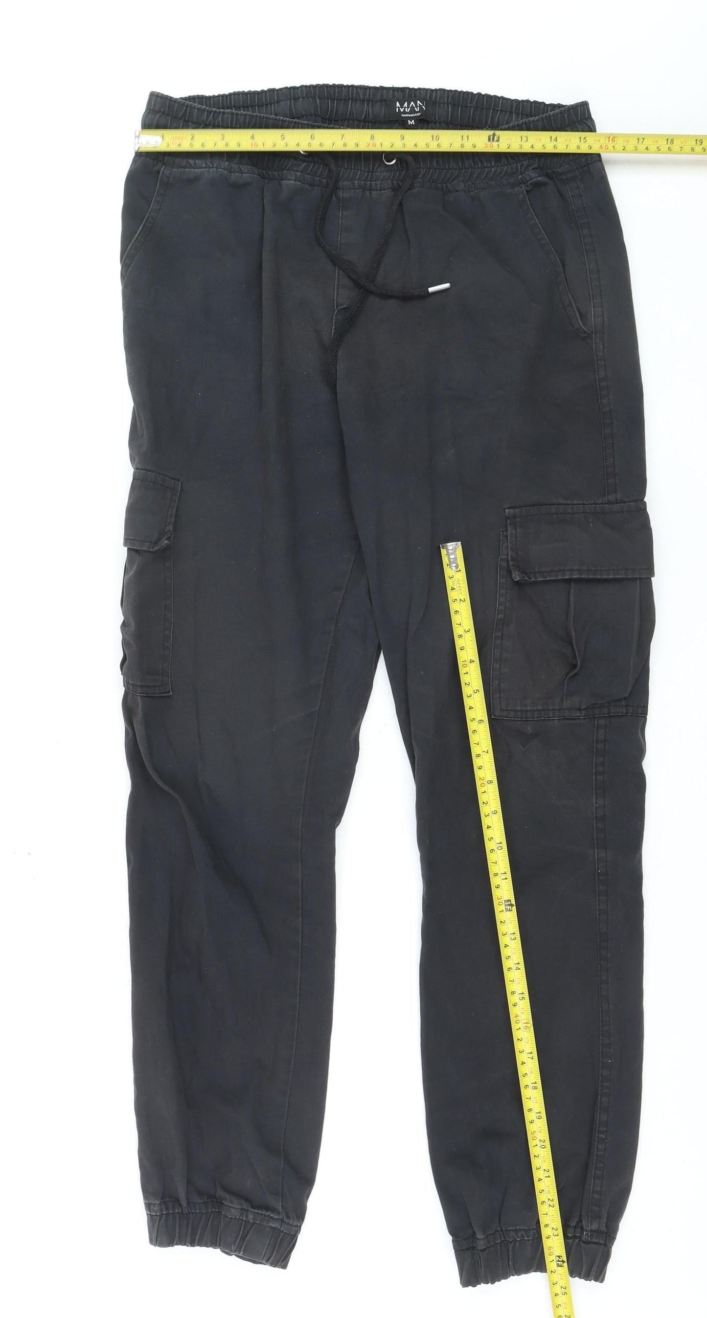boohooMAN Mens Black Cargo Joggers Size M Elastic Waist Pockets Stylish Casual