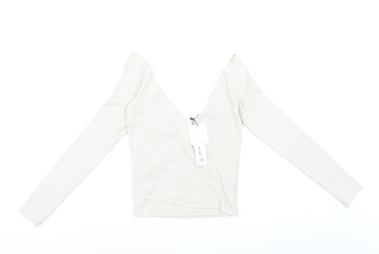 ZARA Women's Beige Long Sleeve Wrap V-Neck Slim Fit Blouse M