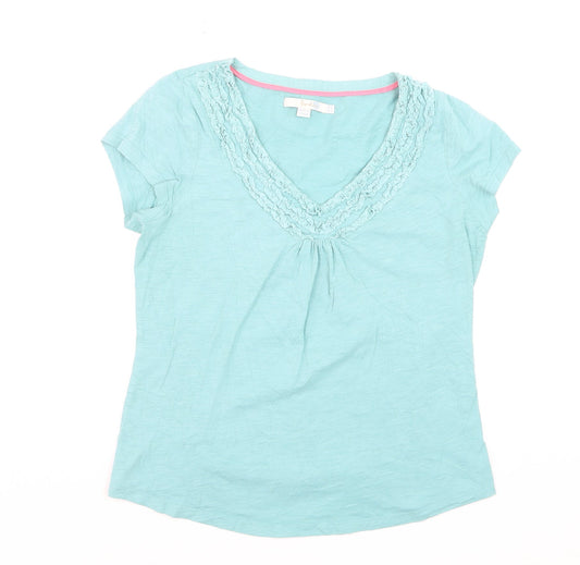 Boden Women's Blue V-Neck Ruffle Cotton T-Shirt Size 12