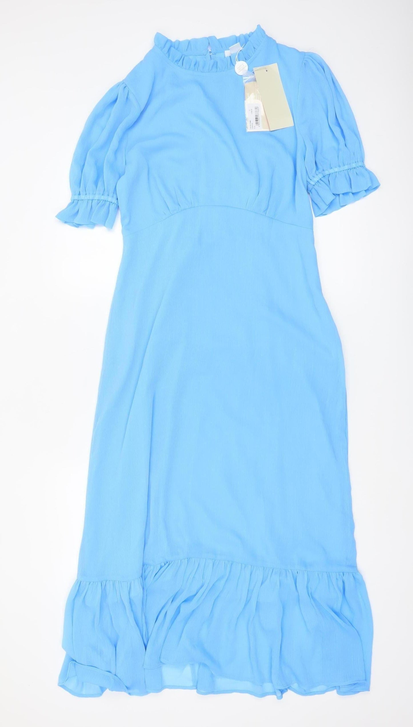 Finery Women's Blue Midi A-Line Dress UK 12 Puff Sleeve Ruffle Hem