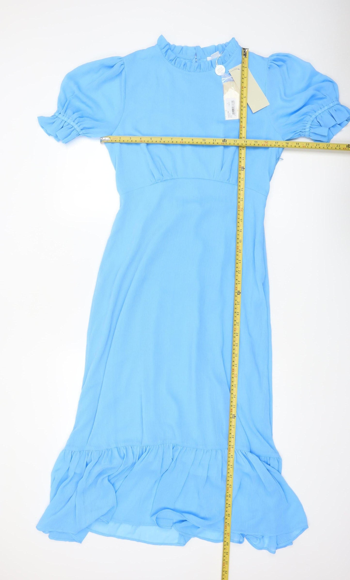 Finery Women's Blue Midi A-Line Dress UK 12 Puff Sleeve Ruffle Hem