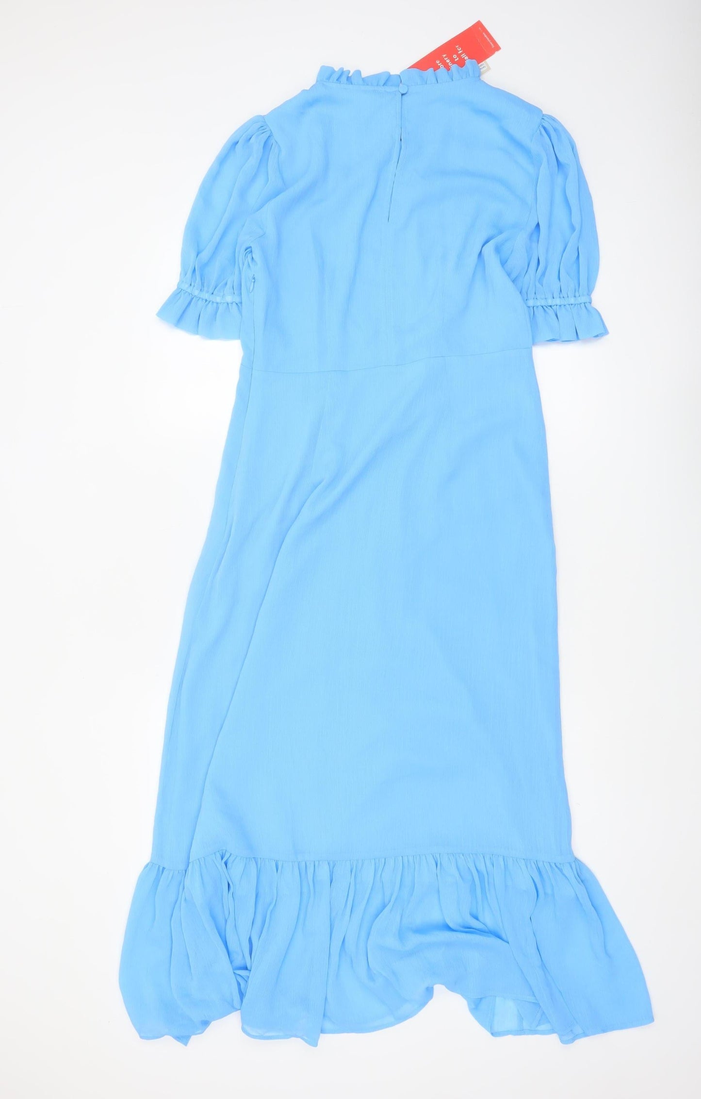 Finery Women's Blue Midi A-Line Dress UK 12 Puff Sleeve Ruffle Hem