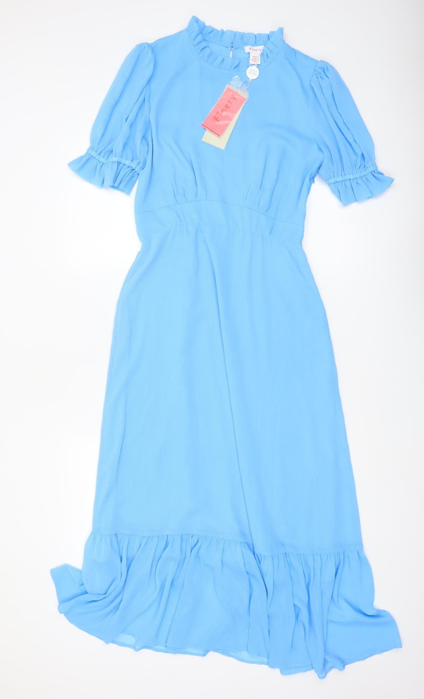 Finery Women Blue Midi Fit & Flare Dress UK 10 Ruffle Puff Sleeve