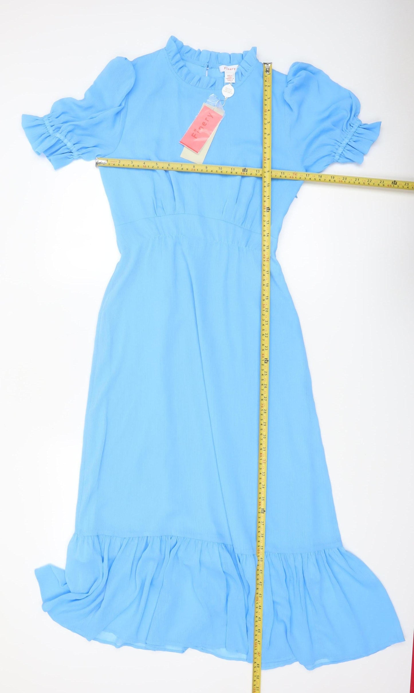 Finery Women Blue Midi Fit & Flare Dress UK 10 Ruffle Puff Sleeve